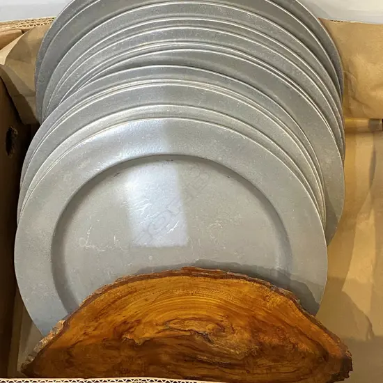 13 LARGE PEWTER PLATTERS & WOOD BOWL