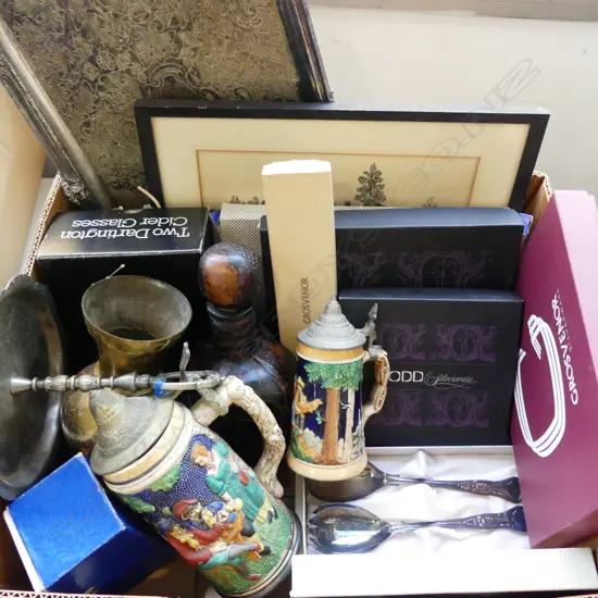 ASST. BOXED COLLECTABLES Incl. E/P, CRYSTAL + LEATHER DECANTER & BRASS VASE etc