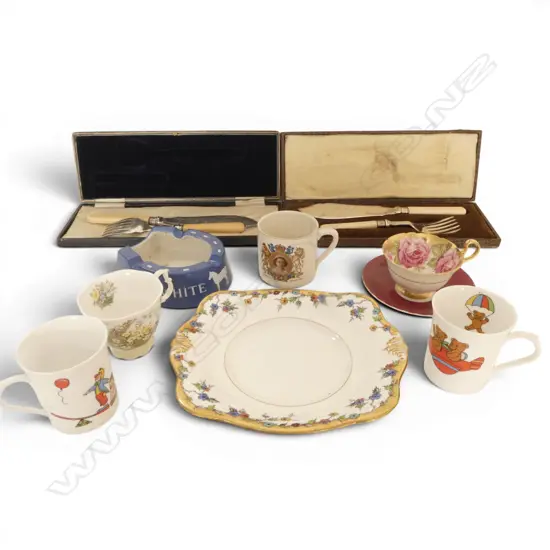 ASST. VINTAGE, 2 SETS BOXED FISH SERVERS, CORONATION MUG & AYNSLEY C/S ETC