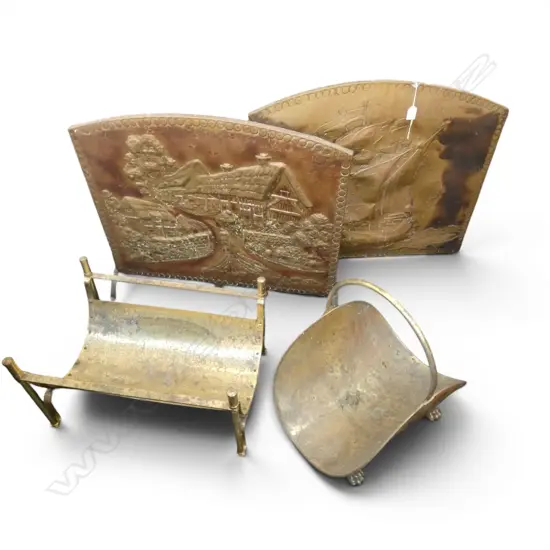 BRASS FIRESIDE EQUIPMENT: 2 LOG TRAYS + 2 FIRESCREENS embossed. Tarnished