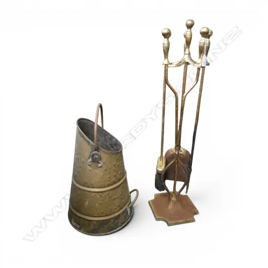 BRASS FIRESIDE EQUIPMENT: utensil stand w implements + coal scuttle. Tarnished