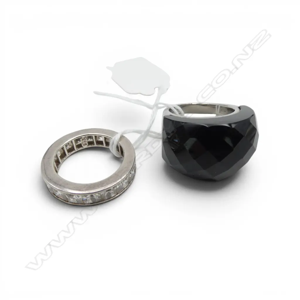 STG SILVER & CZ BAND RING w. STAINLESS STEEL RING size P Image 1++