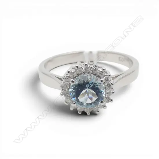 SILVER DIAMOND & AQUAMARINE RING SIZE O