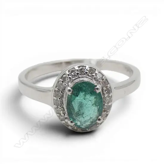 SILVER DIAMOND & EMERALD RING SIZE N