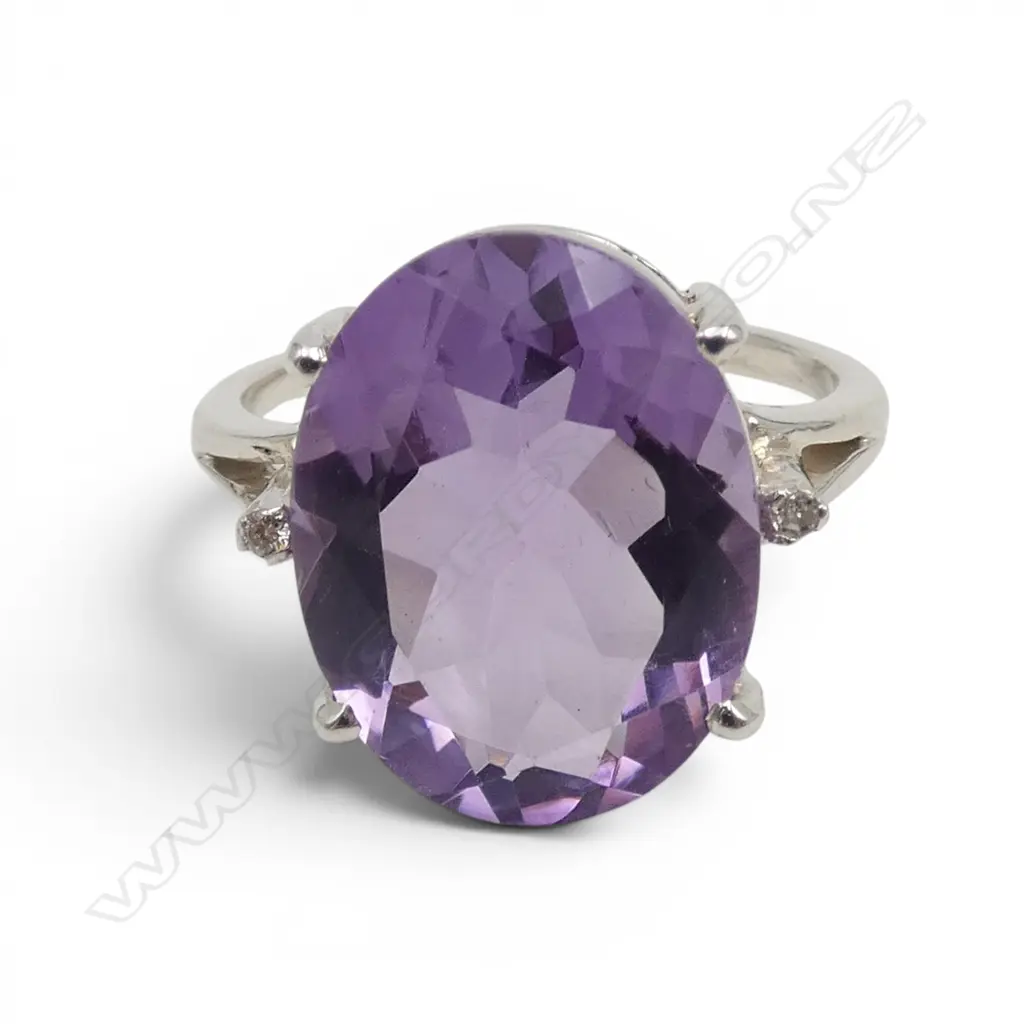 SILVER DIAMOND & AMETHYST RING SIZE Q Image 1++