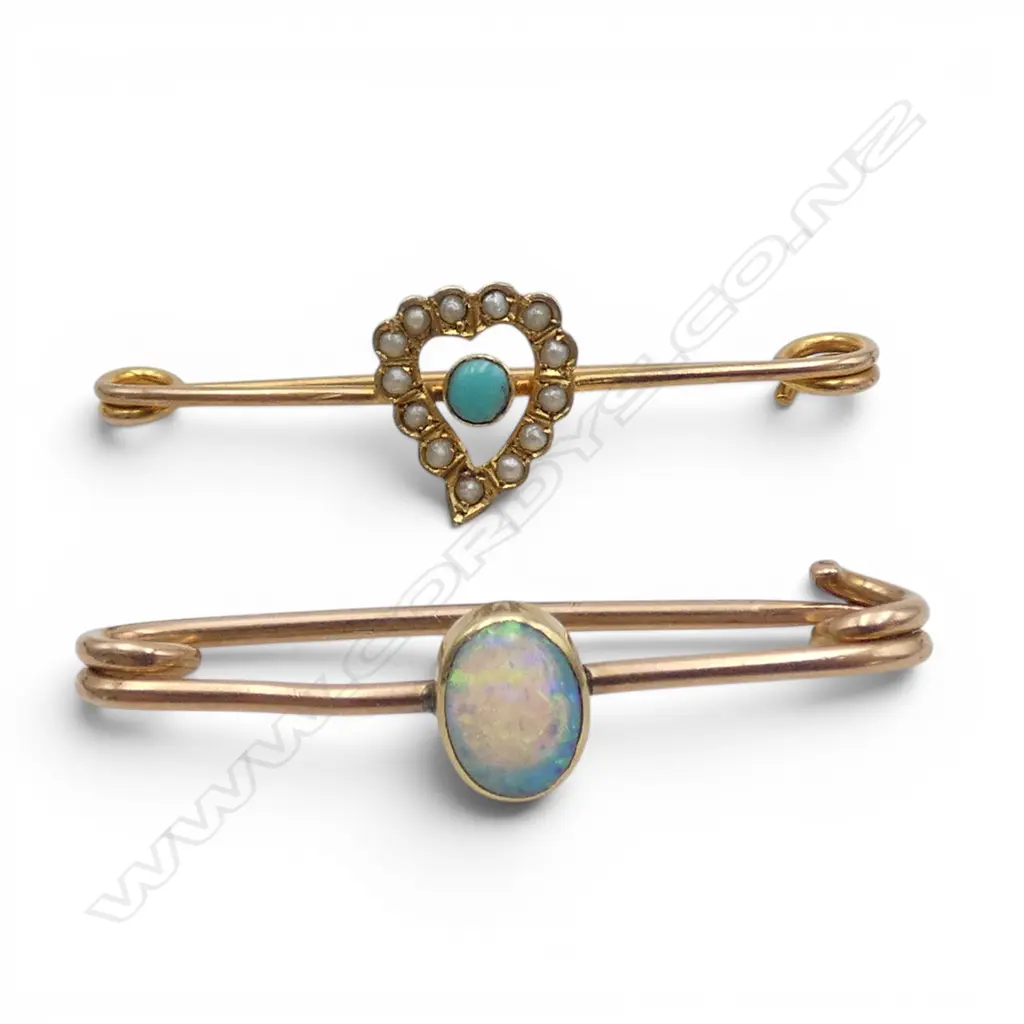 2 9CT BAR BROOCHES; OPAL, TURQUOISE & SEED PEARL 2.5gms Image 1++