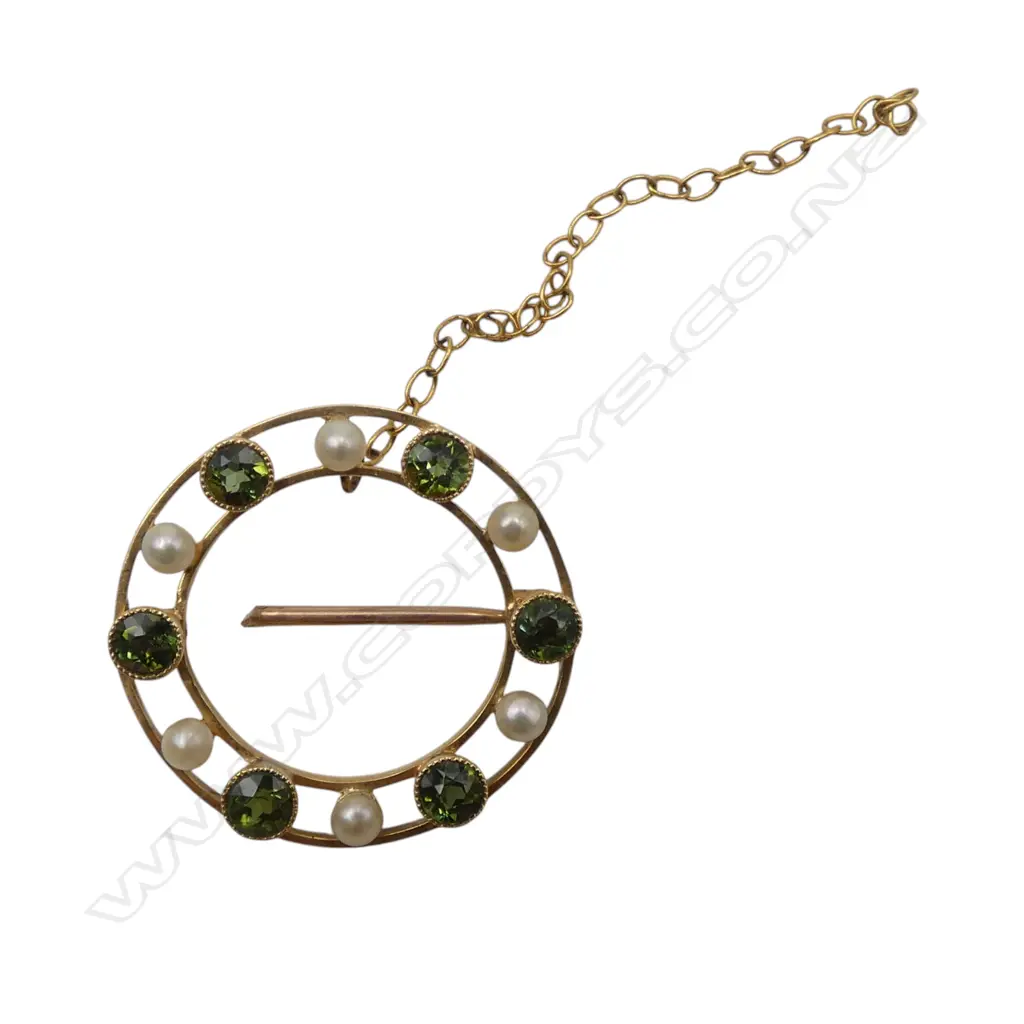 15ct TOURMALINE & SEED PEARL BROOCH, 23mm dia, 2.6gms Image 1++