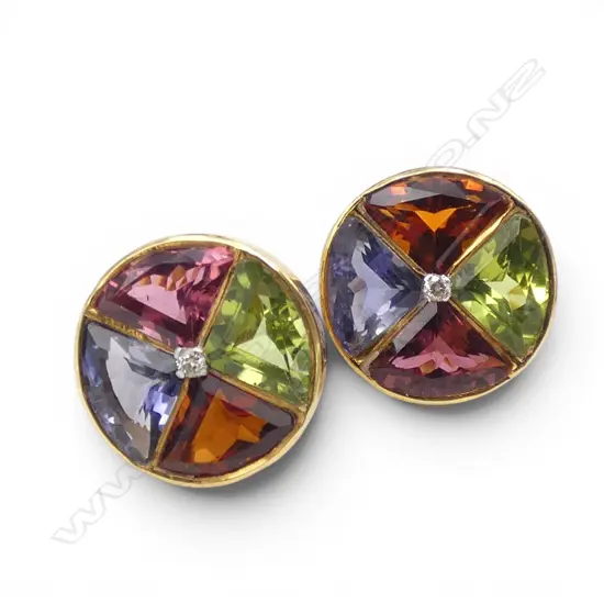 14ct GOLD DIAMOND & MULTI GEM EARRINGS, STUD BACKS, 4.13gm