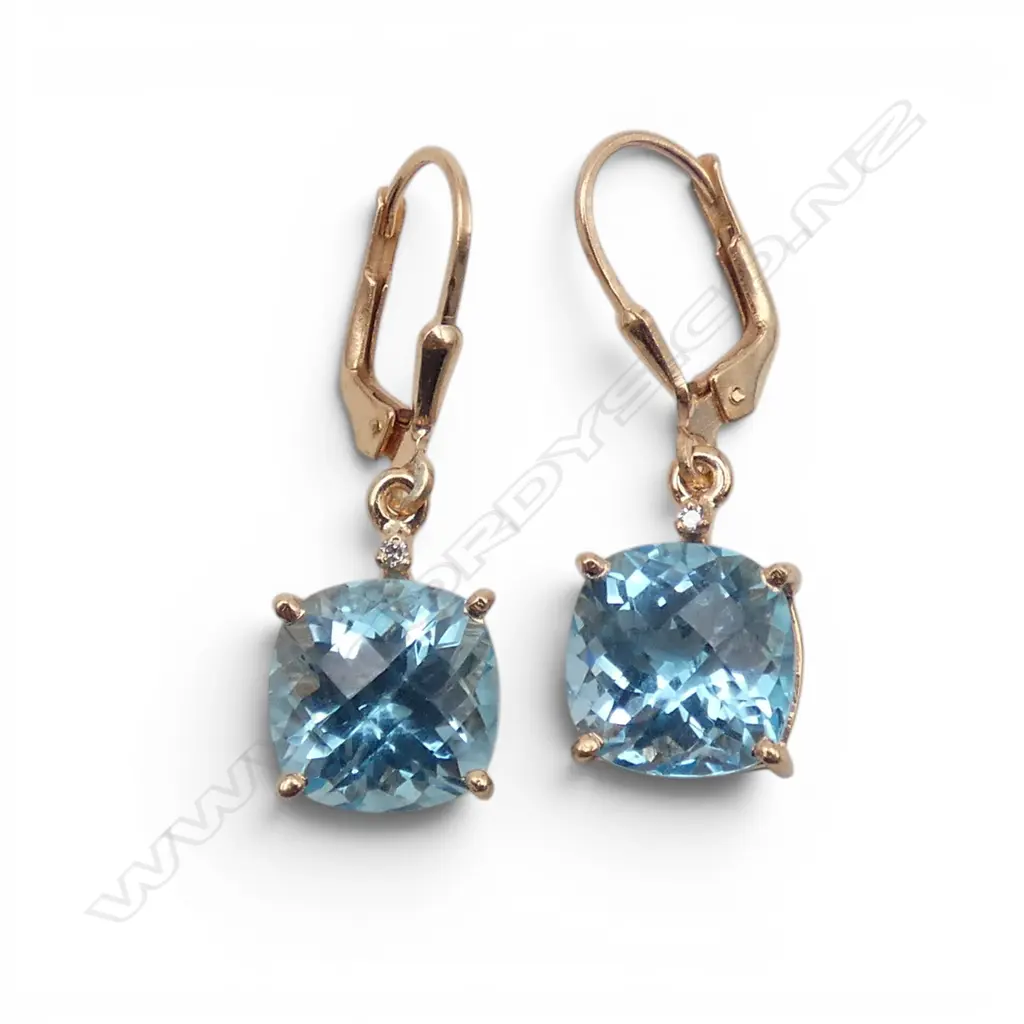 PR SILVER GILT DIAMOND & & SWISS BLUE TOPAZ EARRINGS, continental locks Image 1++
