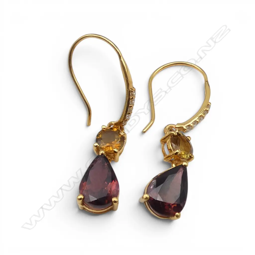 PR 14ct GOLD DIAMOND, TOURMALINE & CITRINE EARRINGS, 2.83gm Image 1++