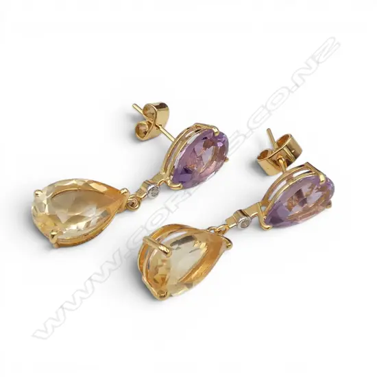 PR 14ct GOLD DIAMOND AMETHYST & CITRINE EARRINGS, 4.15gm