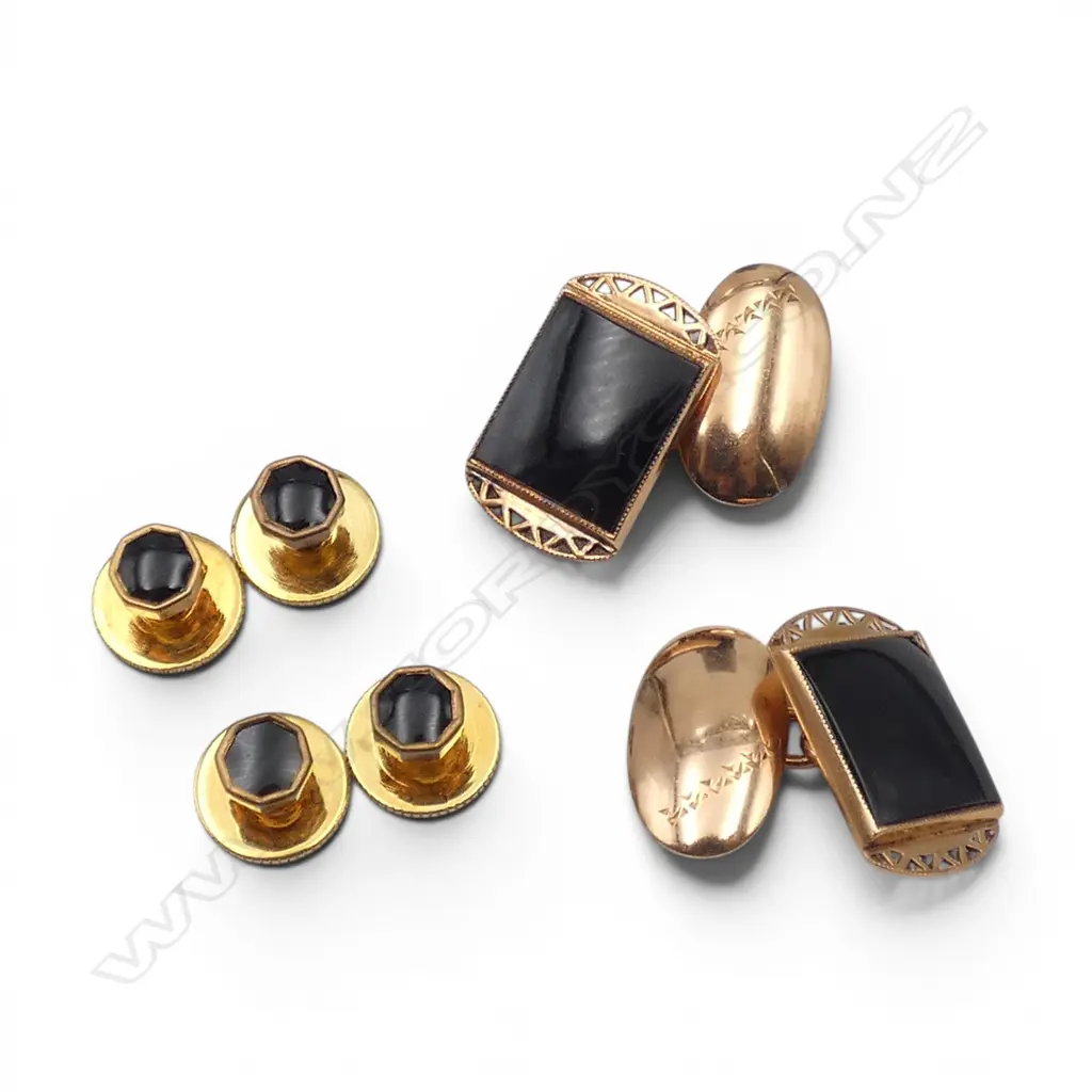 PR 9CT BLACK ONYX CUFFLINKS 9.2gms + 4 STUDS Image 1++