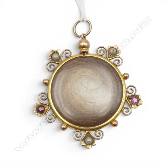 EDWARDIAN 9ct GOLD LOCKET glazed & set w pearls & red stones 6.17gms