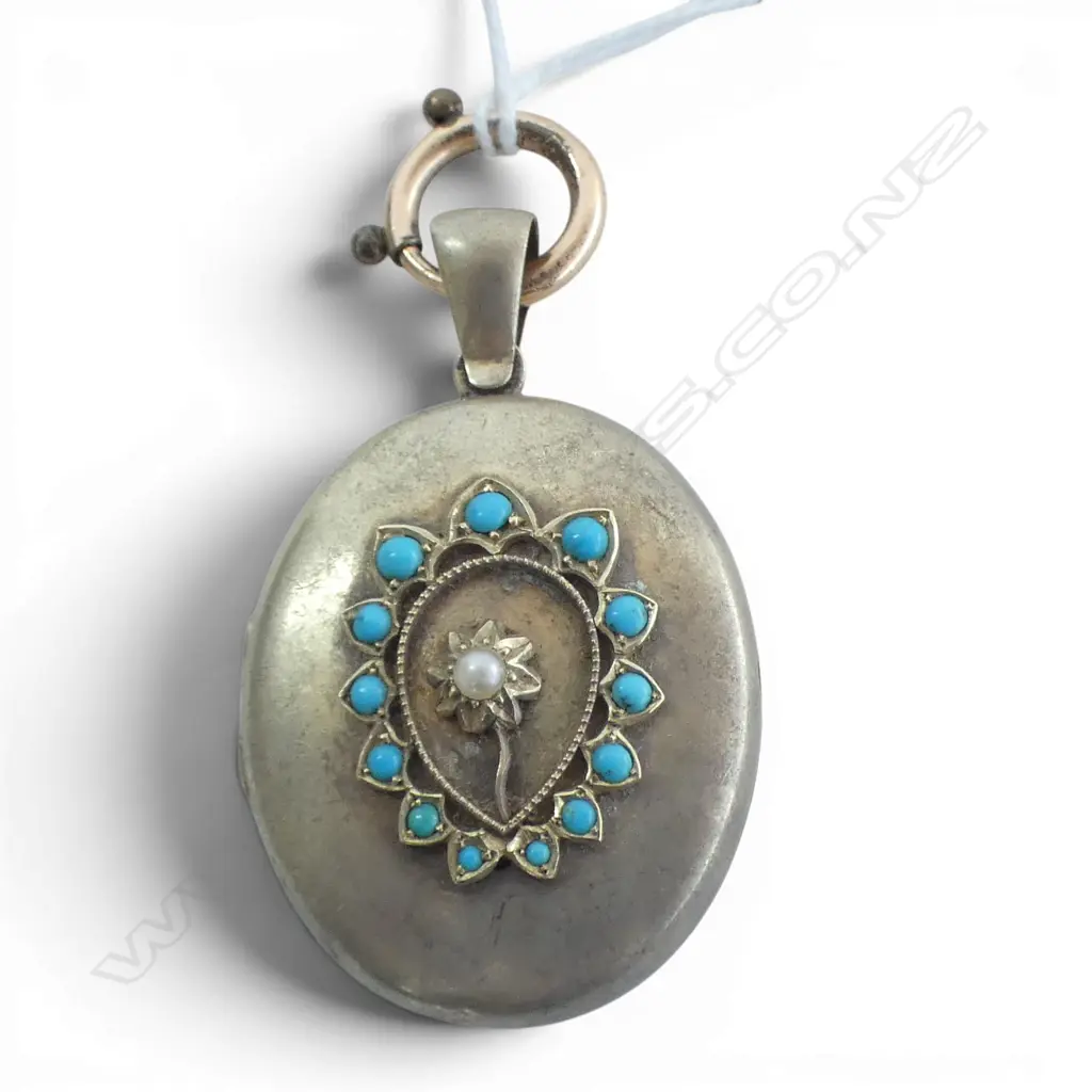 VICTORIAN GOLD PLATED LOCKET with turquoise beads & pearl Image 1++
