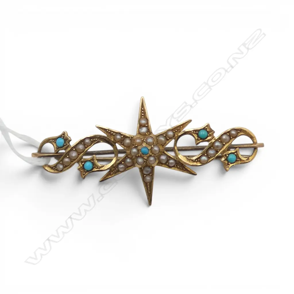 EDWARDIAN 15ct GOLD STARBURST & SCROLL BROOCH set w seed pearls & turquoise beads 6gms Image 1++