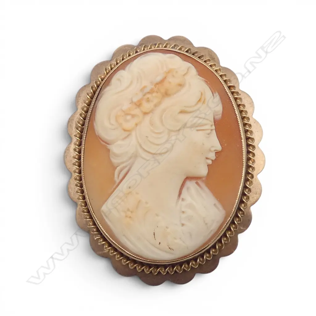 VINTAGE 9ct GOLD FRAMED CAMEO BROOCH woman in profile 12.8gms Image 1++