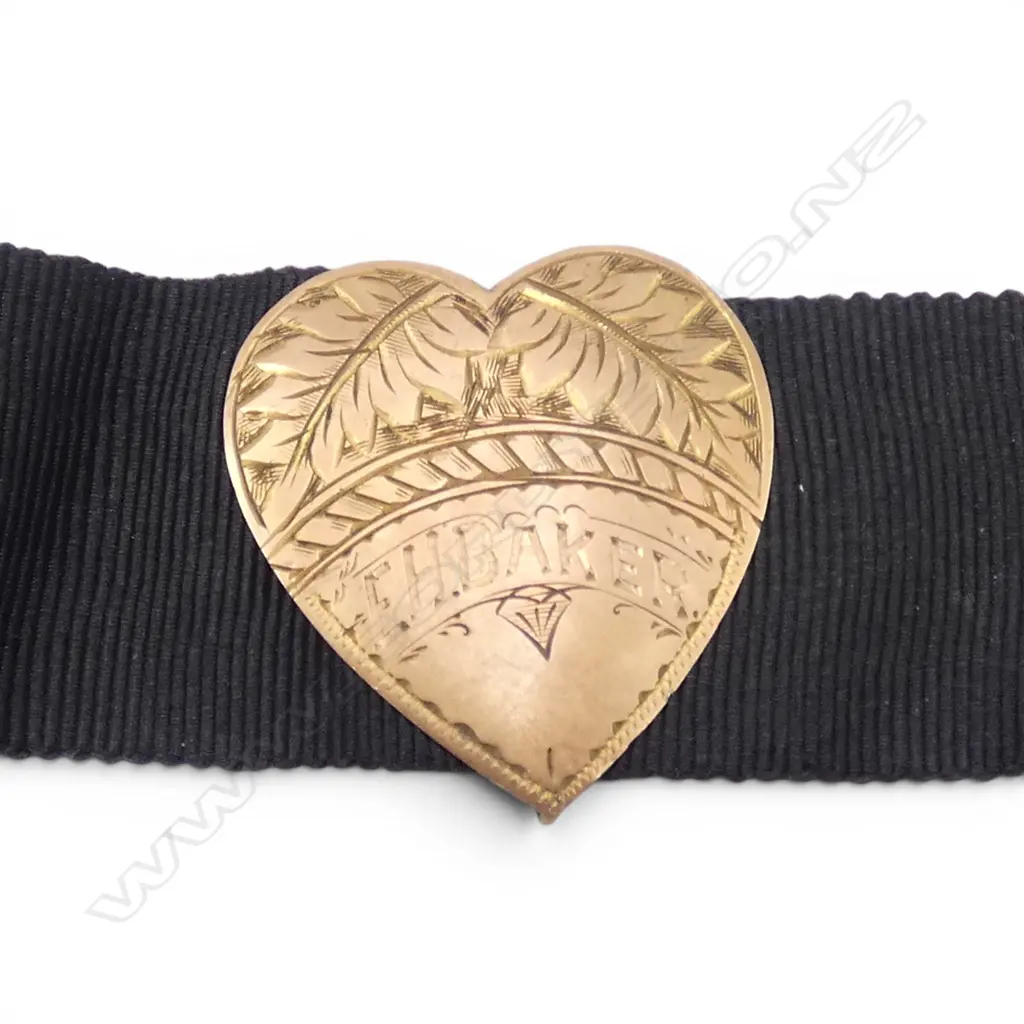 9ct GOLD & BLACK SILK RIBBON FOB WATCH CHAIN set w HEART, 6.37gm TW Image 1++