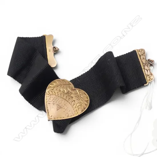 9ct GOLD & BLACK SILK RIBBON FOB WATCH CHAIN set w HEART, 6.37gm TW