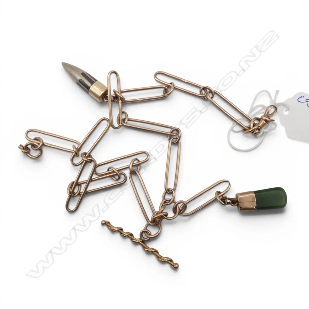 9CT CHAIN w. 2 9CT PENDANTS & T BAR L.420mm 39.2gms TOTAL... clasp a/f Image 1++