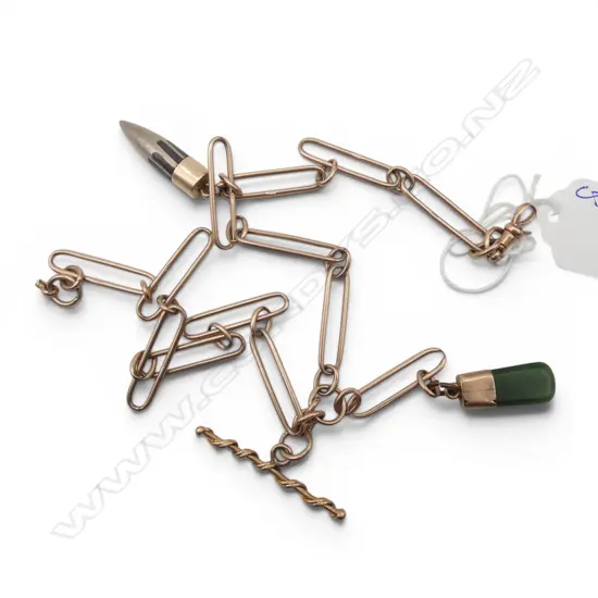 9CT CHAIN w. 2 9CT PENDANTS & T BAR L.420mm 39.2gms TOTAL... clasp a/f