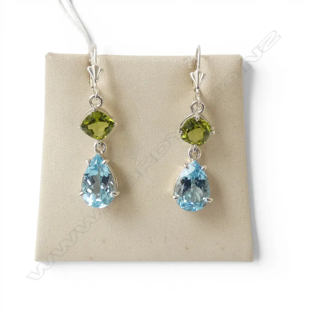PR SILVER BLUE TOPAZ & PERIDOT EARRINGS, continental backs Image 1++