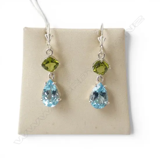PR SILVER BLUE TOPAZ & PERIDOT EARRINGS, continental backs
