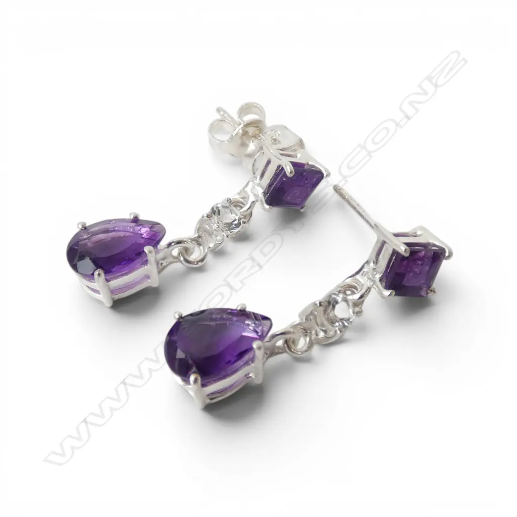 PR SILVER &AMETHYST & WHITE TOPAZ EARRINGS Image 1++