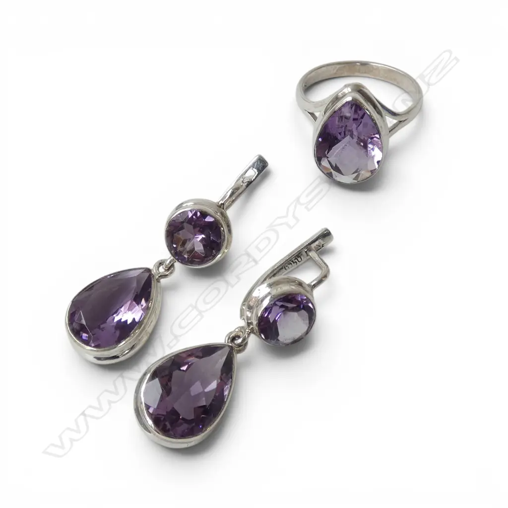 SILVER & AMETHYST EARRING & RING SET, continental locks Image 1++
