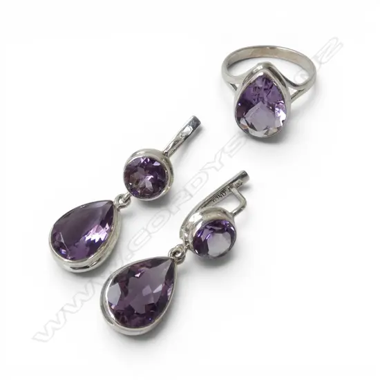SILVER & AMETHYST EARRING & RING SET, continental locks