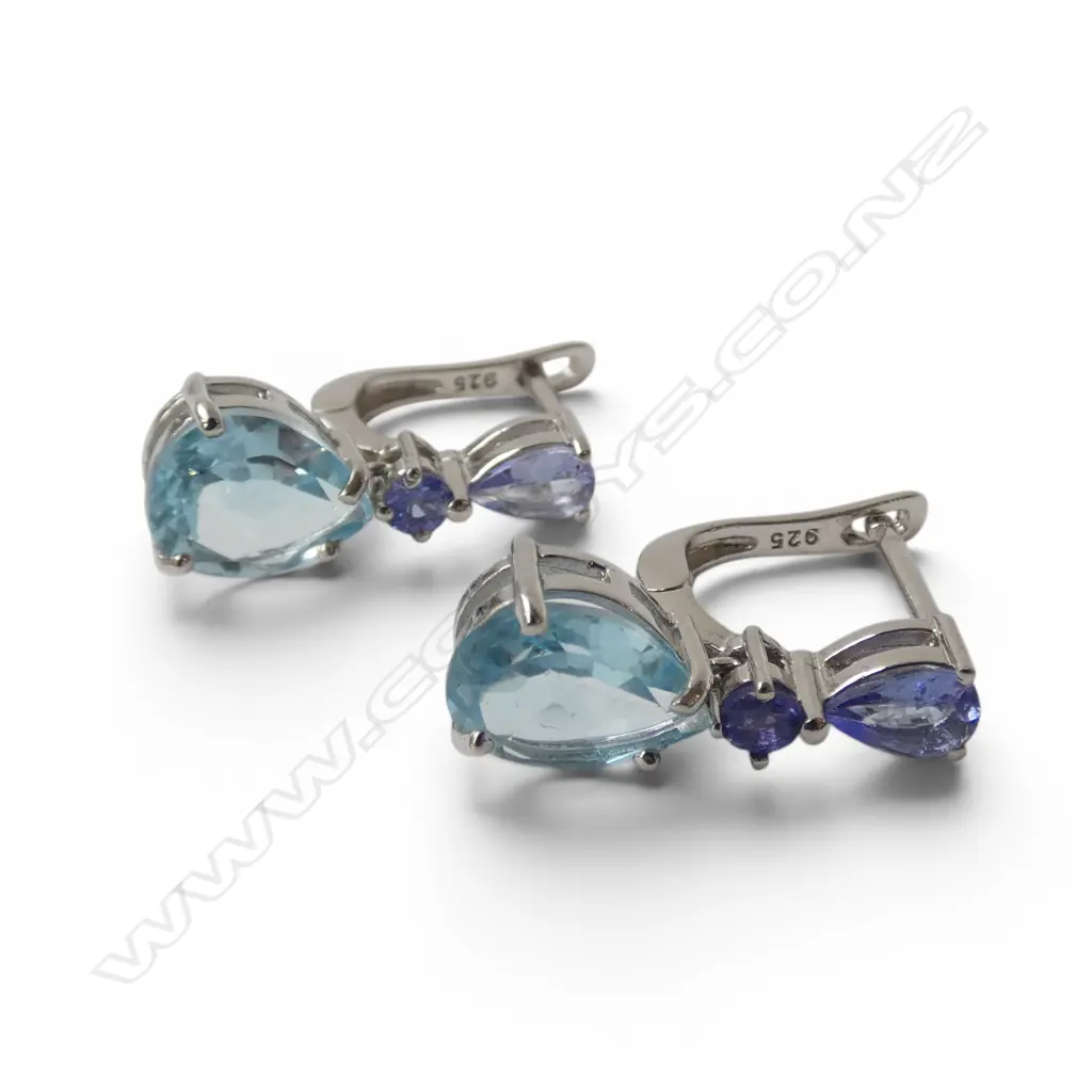 PR SILVER TANZANITE & SWISS BLUE TOPAZ EARRINGS, continental locks Image 1++