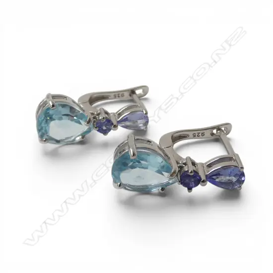 PR SILVER TANZANITE & SWISS BLUE TOPAZ EARRINGS, continental locks