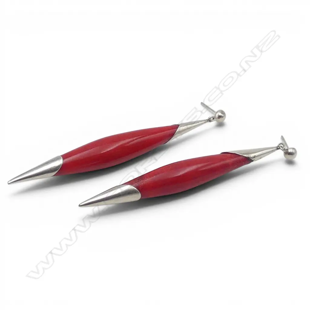 PR STG SILVER & RED CORAL? EARRINGS L.80mm no scrolls Image 1++