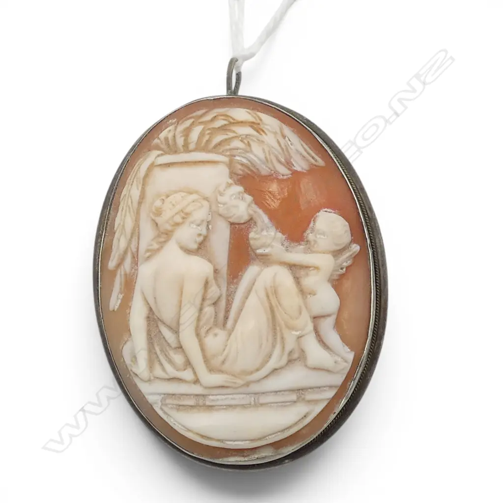 ANTIQUE CARVED CAMEO BROOCH  PENDANT 800 SILVER Image 1++