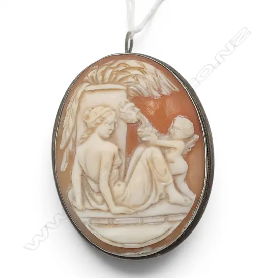 ANTIQUE CARVED CAMEO BROOCH  PENDANT 800 SILVER
