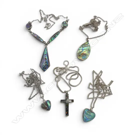 4 SILVER BACKED PAUA SHELL PENDANTS & SILVER & PAUA SHELL NECKLACE