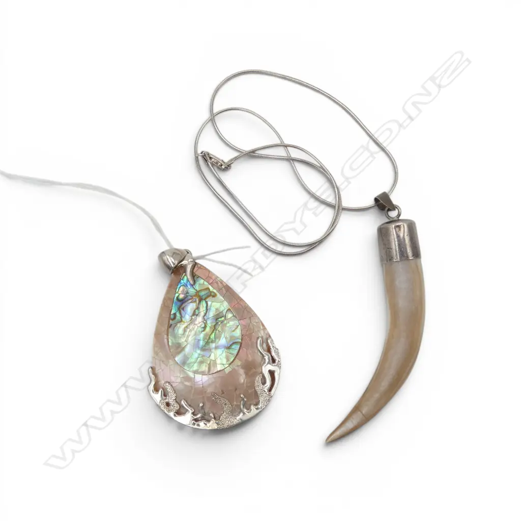 MoP TUSK PENDANT L.80mm (TIP REPAIRED) ON STG SILVER CHAIN + 925 MoP PENDANT 70x45mm Image 1++