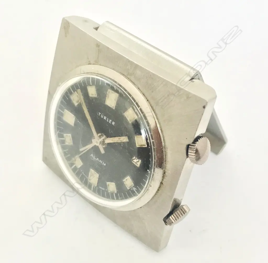 Swiss Türler small travel alarm clock with folding easel back c.1960s. Square, Image 1++
