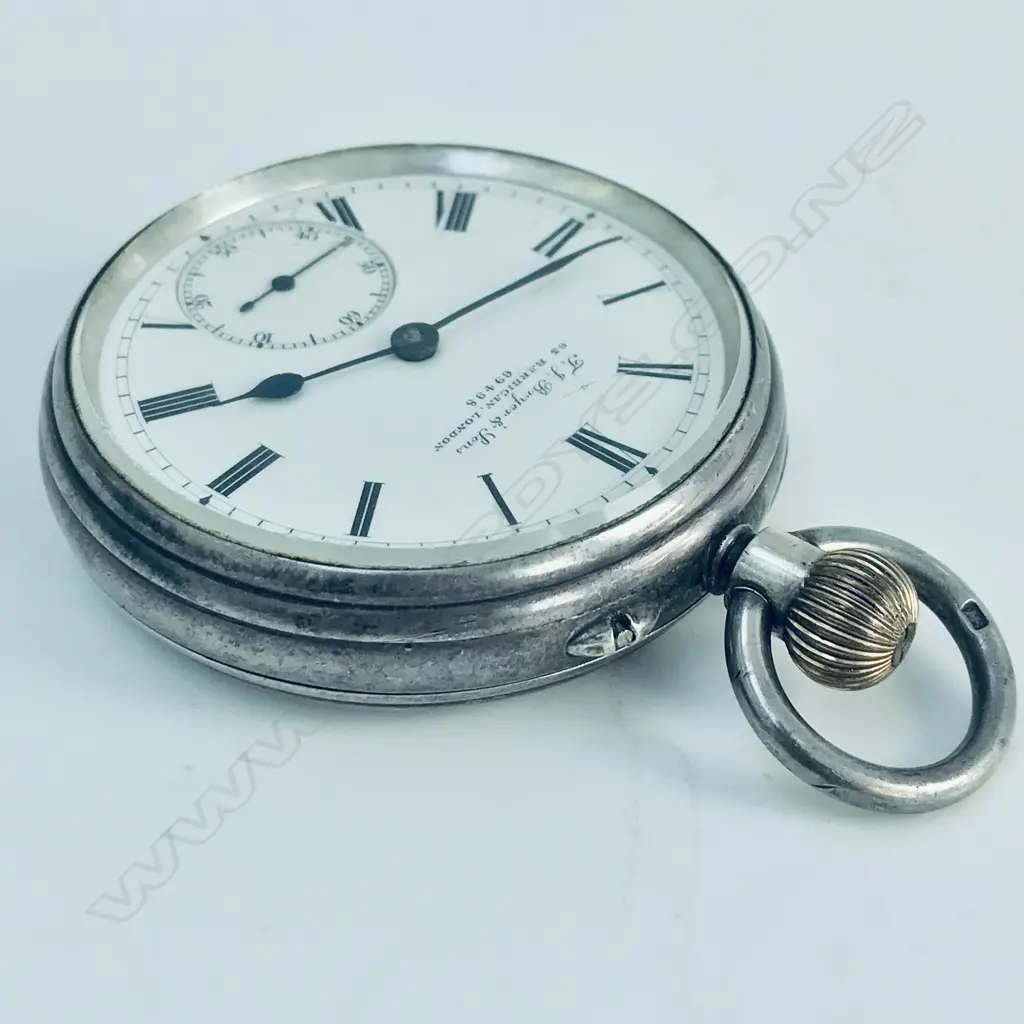 Edwardian silver open face pocket watch by T.J. Bryer & Sons, London, number 69498 Image 1++