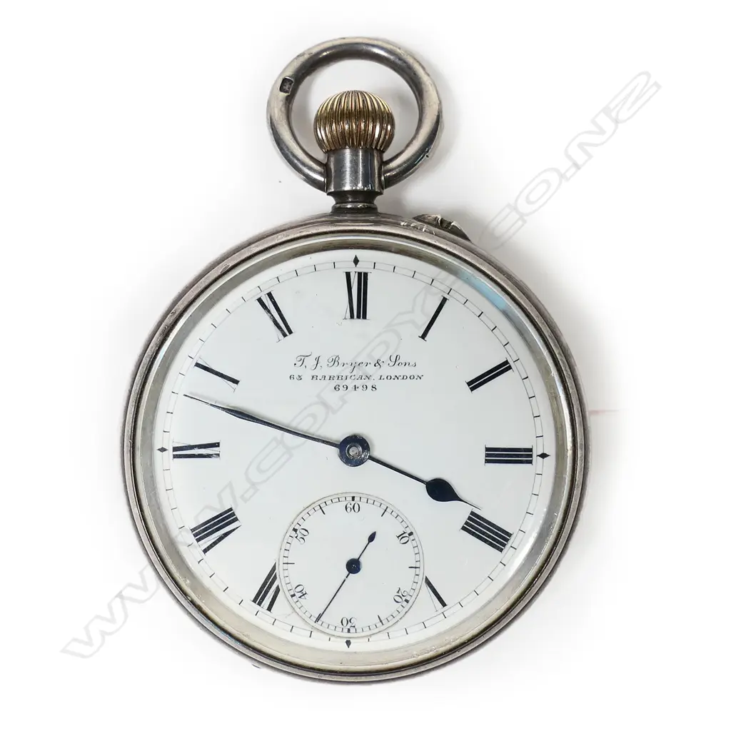 Edwardian silver open face pocket watch by T.J. Bryer & Sons, London, number 69498 Image 1++