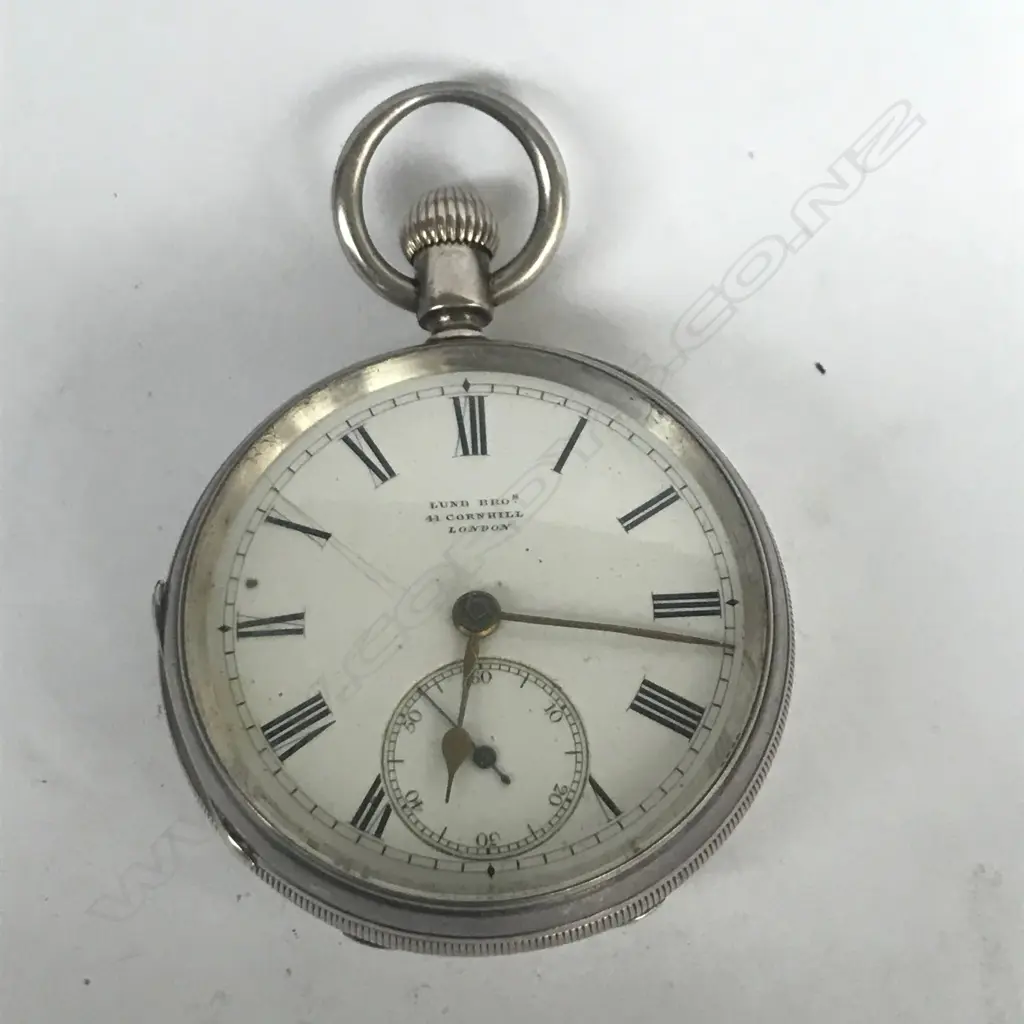 silver open face pocket watch by Lund Bros. London, number 3708 Image 1++