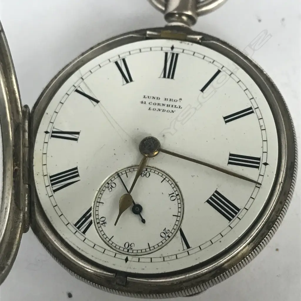 silver open face pocket watch by Lund Bros. London, number 3708 Image 1++