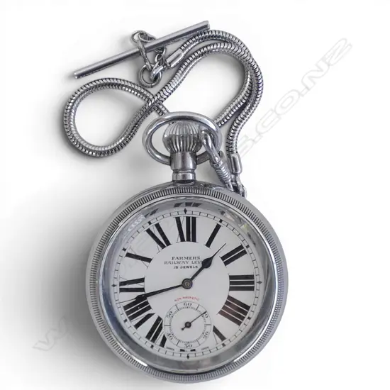 EARLY 20thC 'Farmers Railway Lever 15 Jewels' POCKET WATCH chrome case - open face. Running. W chain