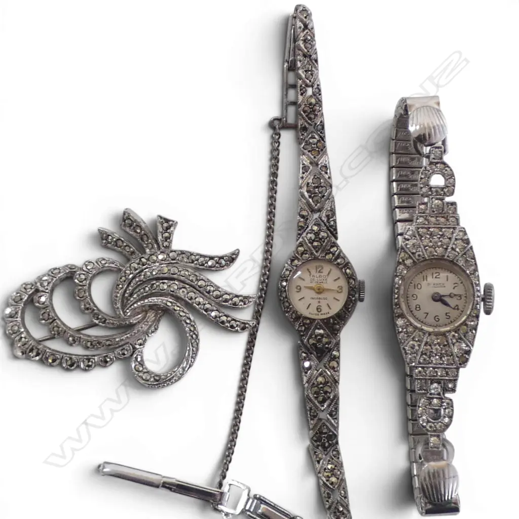 2 S/SILVER  LADIES WRISTWATCHES 1 MARQUISITE & MARQUISITE BROOCH Image 1++