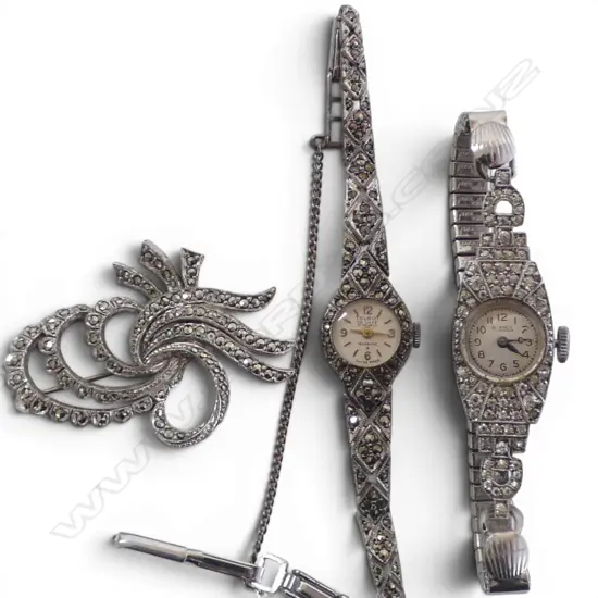 2 S/SILVER  LADIES WRISTWATCHES 1 MARQUISITE & MARQUISITE BROOCH
