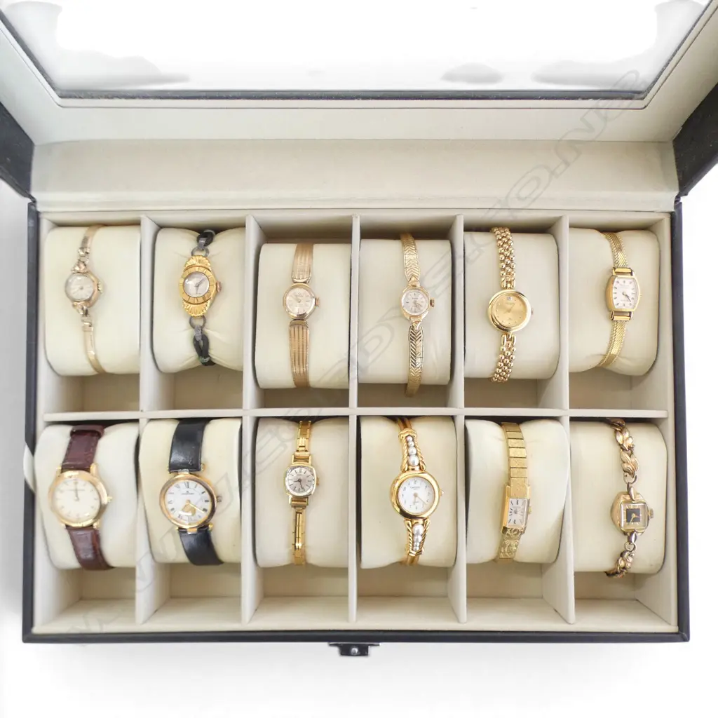 DISPLAY BOX OF 12 LADIES VINTAGE WRISTWATCHES  ROAMER HUGUENIN DAMAS ETC Image 1++