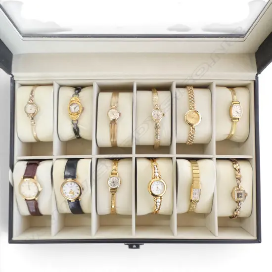 DISPLAY BOX OF 12 LADIES VINTAGE WRISTWATCHES  ROAMER HUGUENIN DAMAS ETC