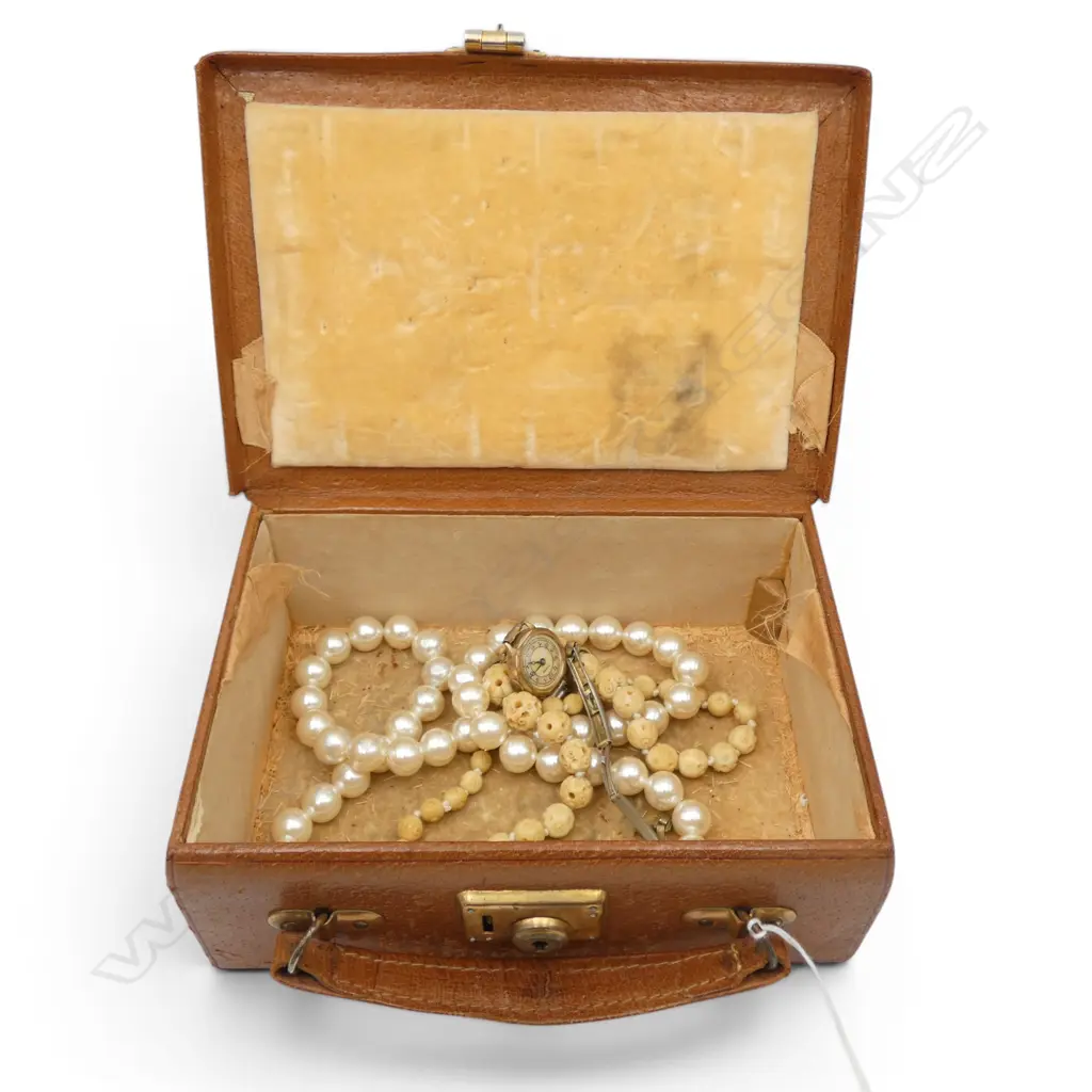 VINTAGE PIG SKIN JEWEL BOX showing age + bone necklace +faux pearl necklace + watch Image 1++
