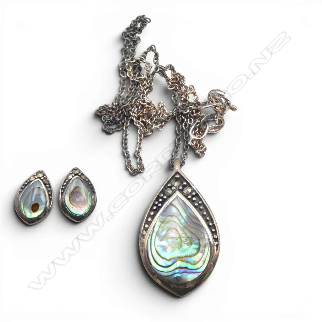 S/SILVER PAUA & MARCASITE NECKLACE & MATCHING EARINGS Image 1++