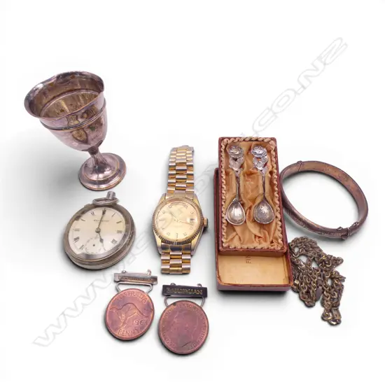 BAG OF 2 WATCHES ( 1 NOT TRUE TO LABEL) + SILVER BANGLE dents +2 PENNIES + Sheffield plate cup + 2 SILVER SALT SPOONS..