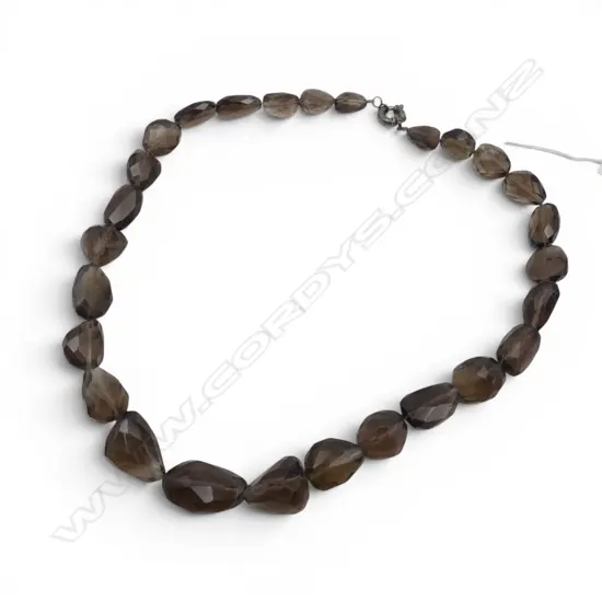 NATURAL SHAPED FACETED SMOKEY QUARTZ NECKLACE  S/SILVER CLASP L240MM